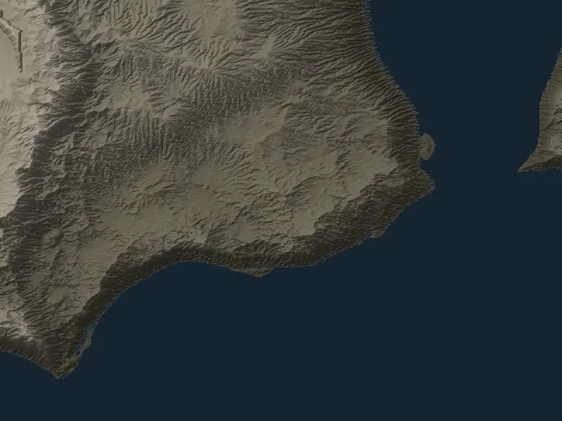 The relief of a stretch of coast and the strait beyond it: land shaded and tinted by height, the sea flat and dark.