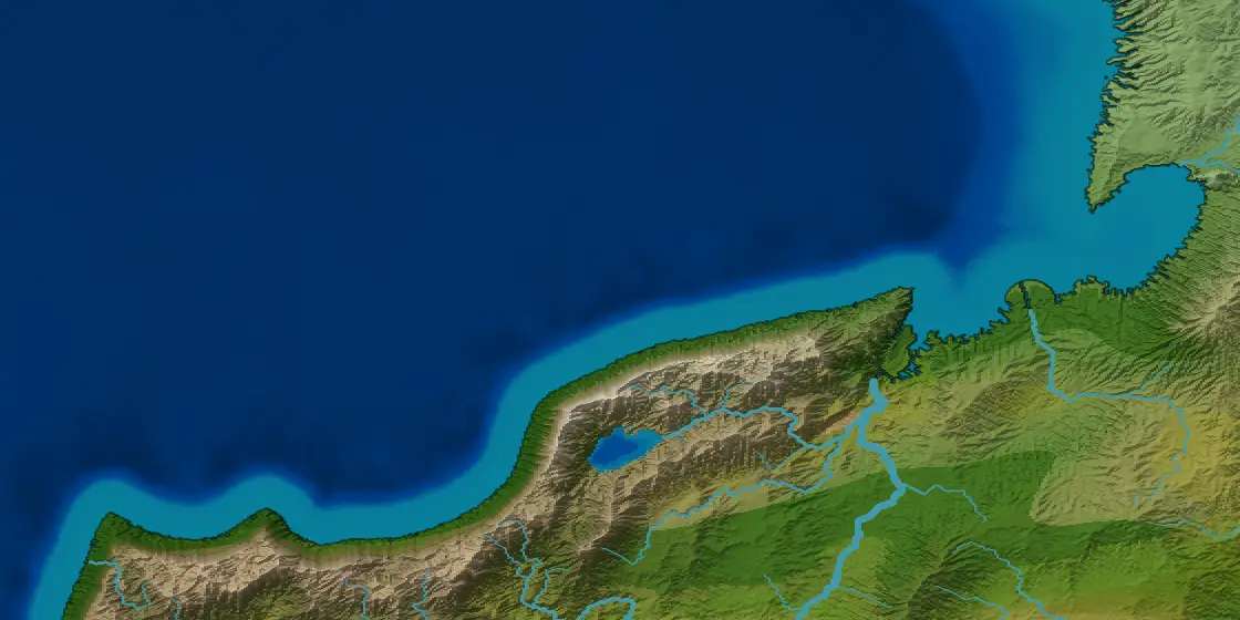 The north coast of an island in the Natural style: a range of bare brown mountains along the shore with a lake among its peaks, green and olive country behind it with a wide river running north to a narrow arm of the sea, the coast of another land across that arm at the top right, and deep sea across the top.