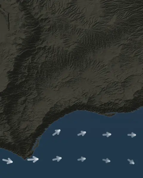The same coast in the ocean currents view: the land a dark ground, and rows of small pale arrows over the sea running east along the coast.