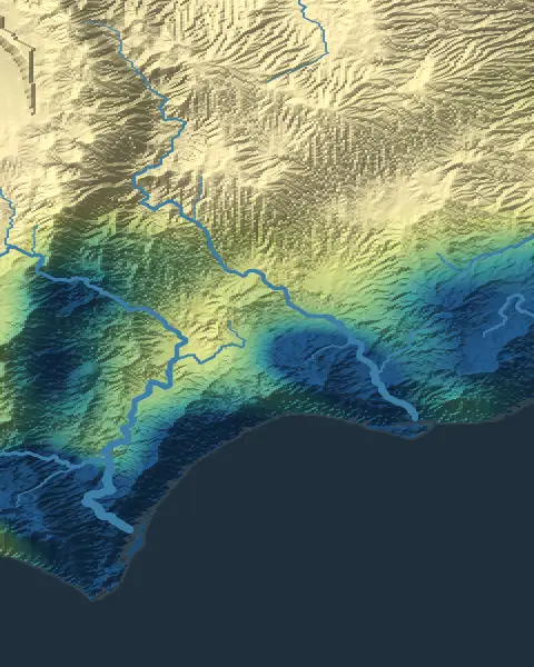 The same coast in the rainfall view: the land shaded from pale yellow where it is dry in the north to green and deep blue where it is wettest along the shore, and the sea dark.