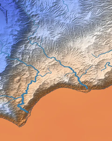 A stretch of coast in the temperature view: the land in pale blues and whites, coldest blue in the north-west, warming to orange along the shore, and the sea a flat warm orange.