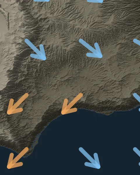 The same coast in the winds view: large arrows, blue ones blowing to the south-east over the north of the land and the open sea, and orange ones blowing to the south-west along the coast.