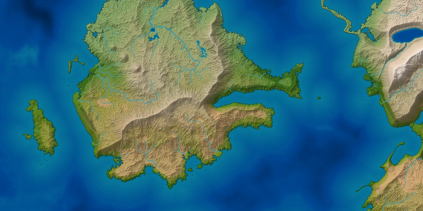 A generated world map in the Natural style: a northern continent with a mountain range along its spine, a river system draining to a ragged southern coast, lakes, offshore islands, and the coast of a second continent at the right.