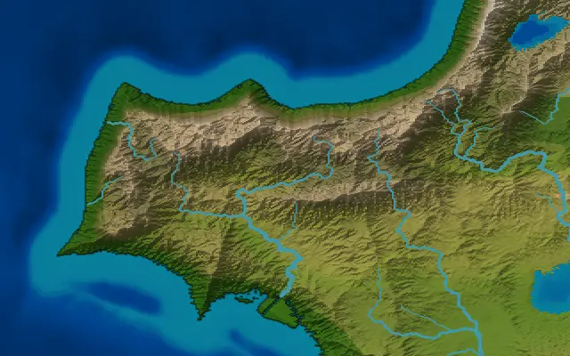The western end of an island in the Natural style: a range of bare brown mountains along its north coast, falling south to green valleys whose rivers run to the south coast, a cape in the west and lakes at the eastern edge.