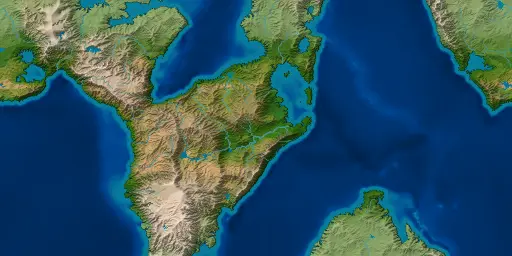 A world of a branching continent, its arms reaching north-west, north-east and south to a snow-capped tip, with more land at the map's edges.