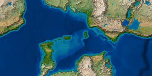 A world round an inland sea: a northern land with a chain of lakes, islands strung across the water, and coasts to the south.
