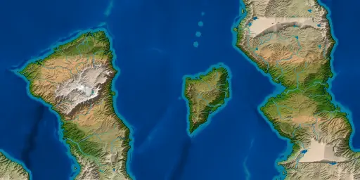A world of three lands: a western one with a snow-capped range, a small island between, and an eastern one of pale uplands.