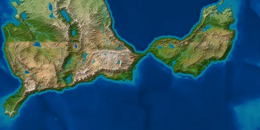 A world whose one long continent crosses the map from the south-west to the east, pinched to a neck in the middle, with lakes over its western half.