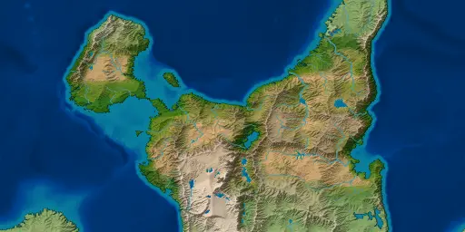 A world of two lands facing each other across shallow bays: an island in the west with a snow-capped peak, and a larger land to the east cut by lakes and rivers.