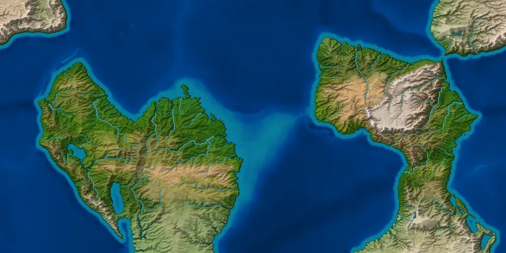 A world of two lands across open sea: a green western land with lakes along its coast, and an eastern one whose snow-capped range runs south to a narrow neck.