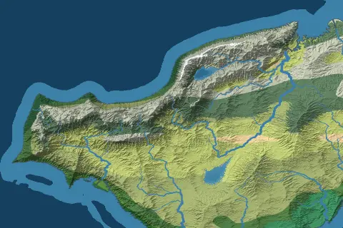 The same island in the biomes view: grey rock and snow along the ridge, dark forest and pale green grassland below it, a strip of dry tan ground, and the sea in flat dark blue.