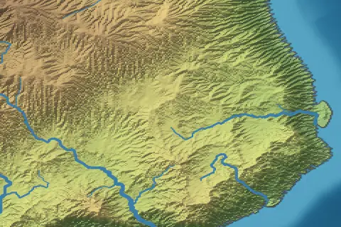 The elevation view of a hilly coast: tan uplands cut by close-set valleys, rivers winding down between them to the sea on the right, and a small delta at one river's mouth.