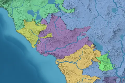 The political view of a western coast: realms in flat tints of green, yellow, purple, lavender and bright green over the shaded relief, their borders following rivers and ridges, and the sea in muted blue.