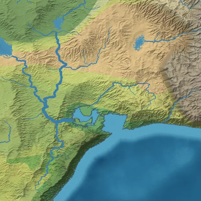 A coast in the Atlas style, land tinted by height and climate: green lowlands, a tan dry belt, brown hills at the right, rivers joining a trunk that reaches the sea, two lakes, and a blue sea deepening offshore.