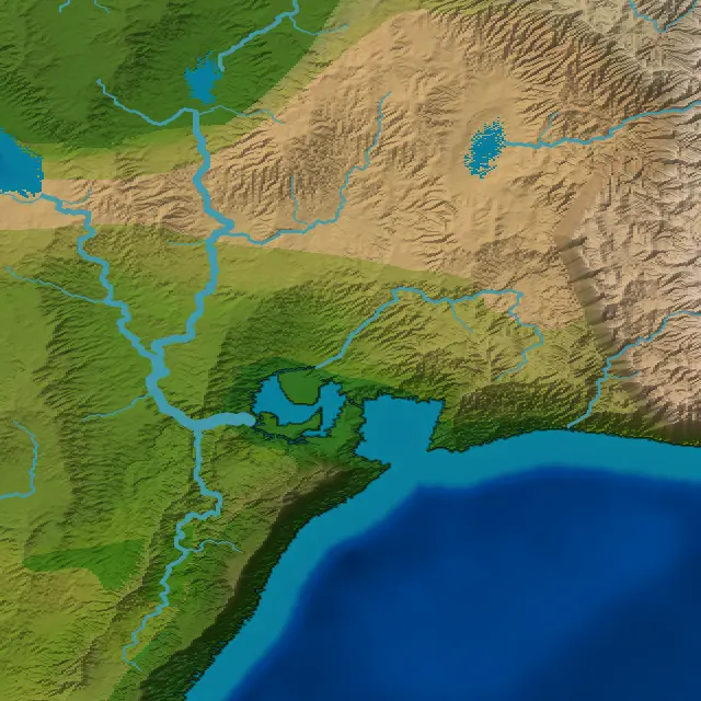 The same coast in the Natural style, in satellite colours: dark green lowlands, an ochre dry belt and bare brown hills, rivers in pale blue, and a cobalt sea.