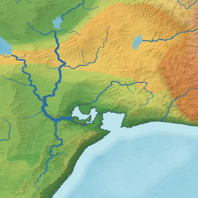 The same coast in the Schoolroom style, land tinted by height alone: bright green lowlands, yellow and orange higher ground, blue rivers and lakes, and a pale blue sea with faint depth contours.