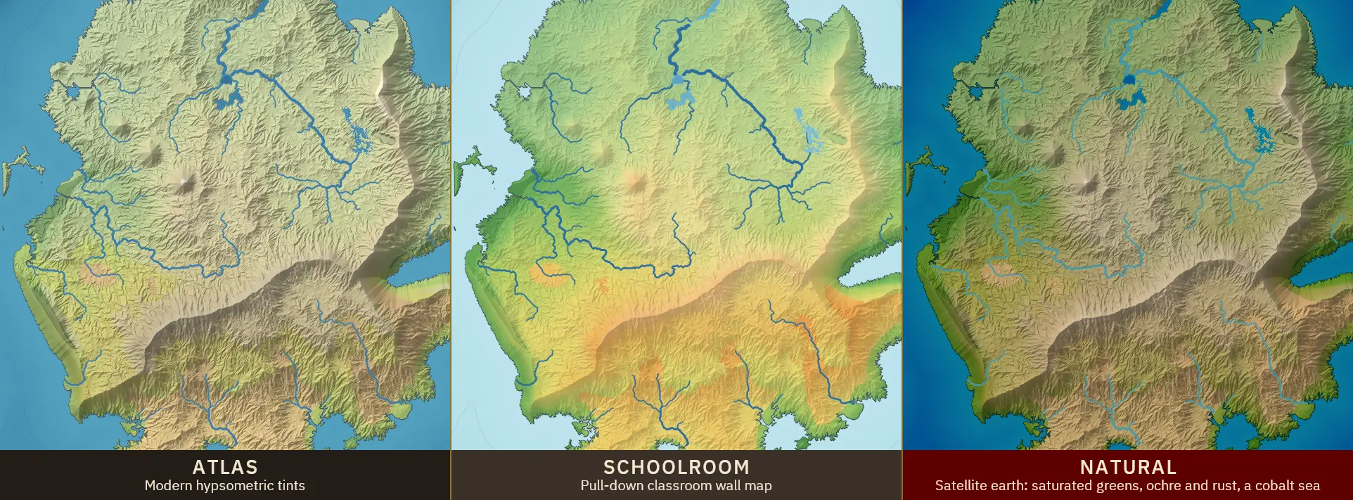 The same square of a generated world drawn three times, labelled Atlas, Schoolroom and Natural.