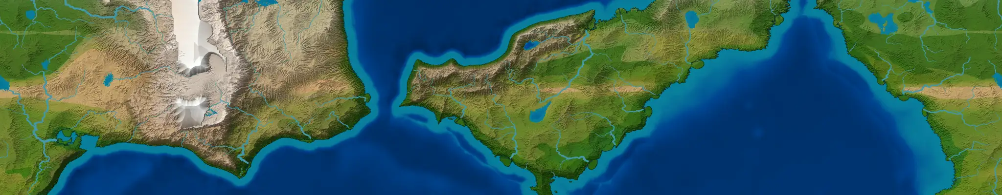 A band of a generated world in the Natural style, all the way round it: a continent with a snow-capped range down its middle and rivers running to a southern coast of bays and lakes, a second land across a strait to the east, a wide ocean, and the forested coast of a third land beyond it.