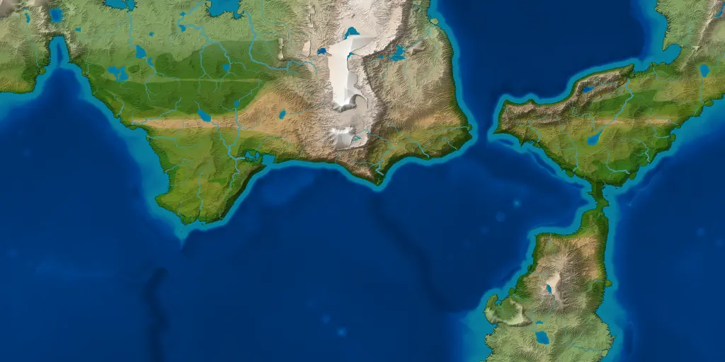 The whole of a generated world in the Natural style: a northern continent with a snow-capped range down its middle, an eastern island across a strait, a southern land in the south-east, and ocean over most of the rest.